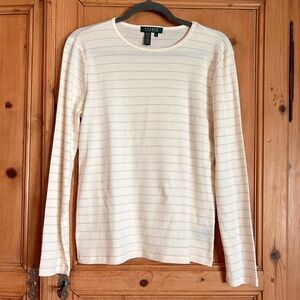 Ralph Lauren Women’s Cream and Metallic Silver Striped Top Sz M